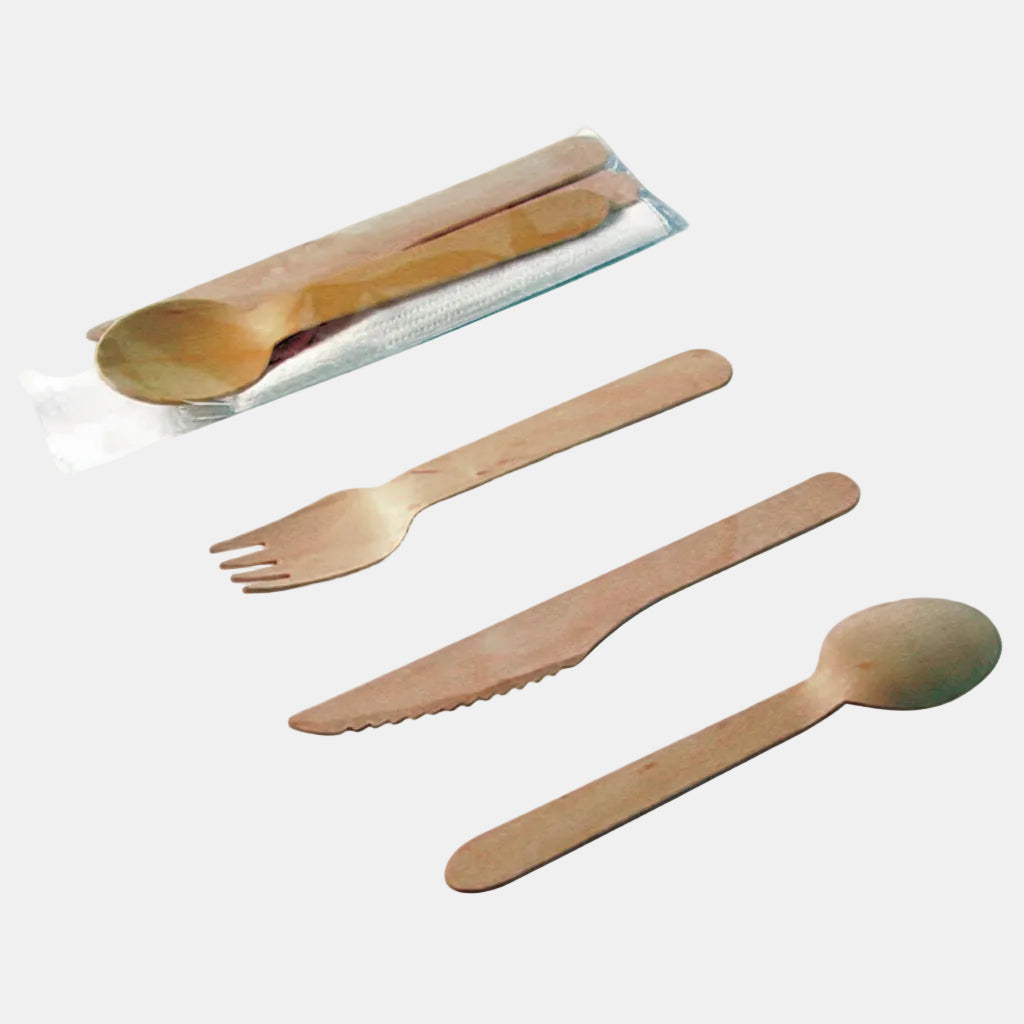 Kit cubiertos de madera con servilleta blanca - 200 Uds. - Klimer
