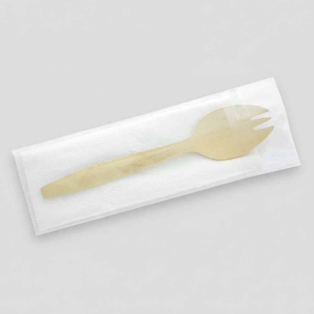 Kit 2/1 tenedor-cuchara con servilleta enfundado. 14,7 cm - 250 Uds. - Klimer