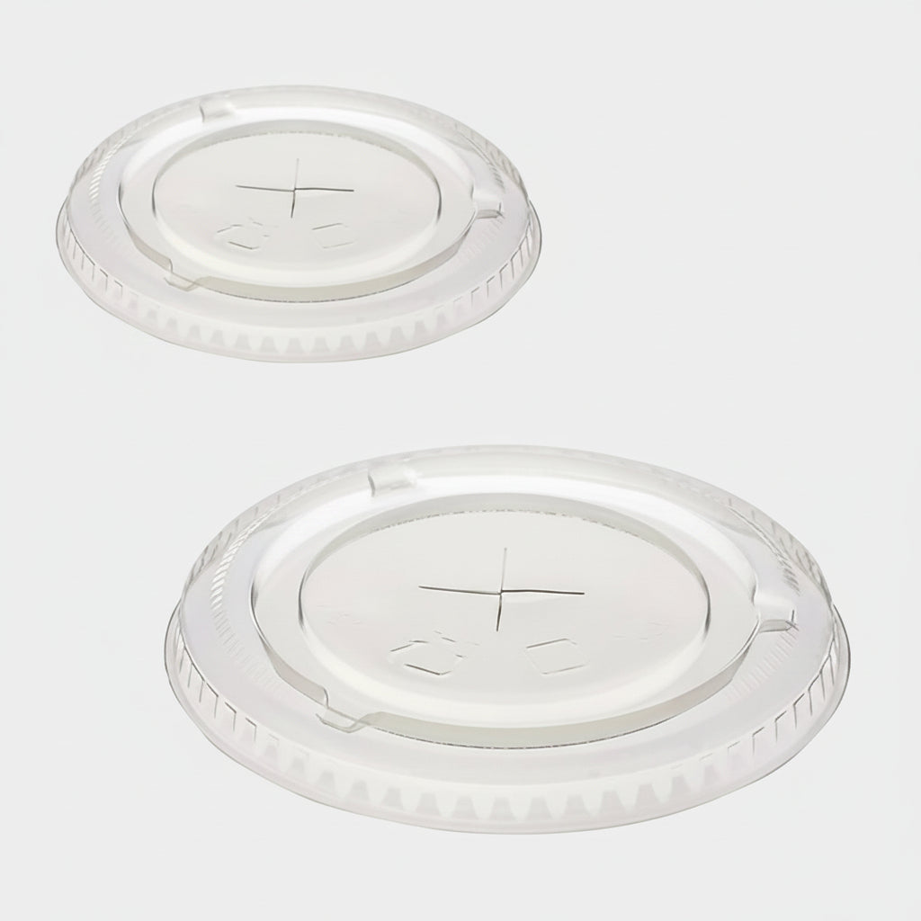 Tapa plana reciclable con cruz para vaso de plástico RPET transparente - 1000 Uds. - Klimer