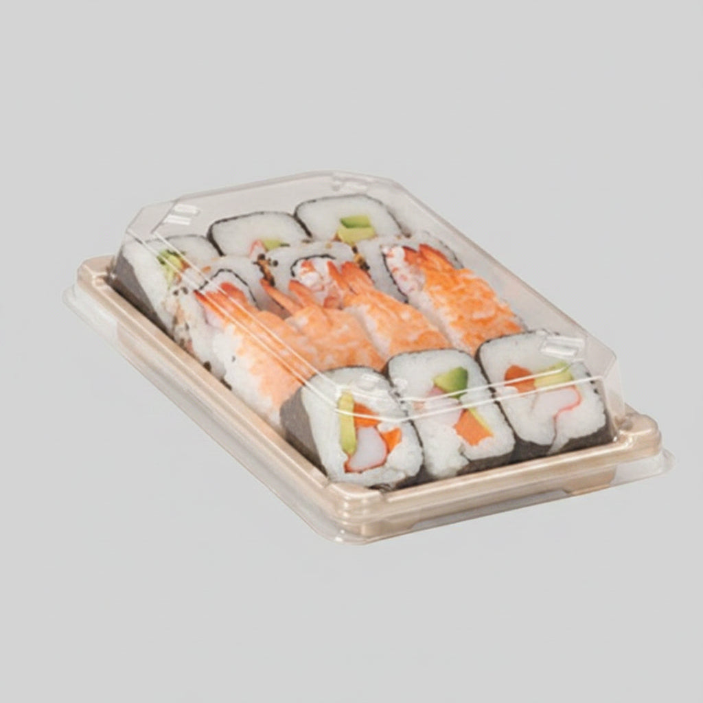 Envase sushi fibra de trigo + Tapa OPS. Varias medidas y unidades. - Klimer