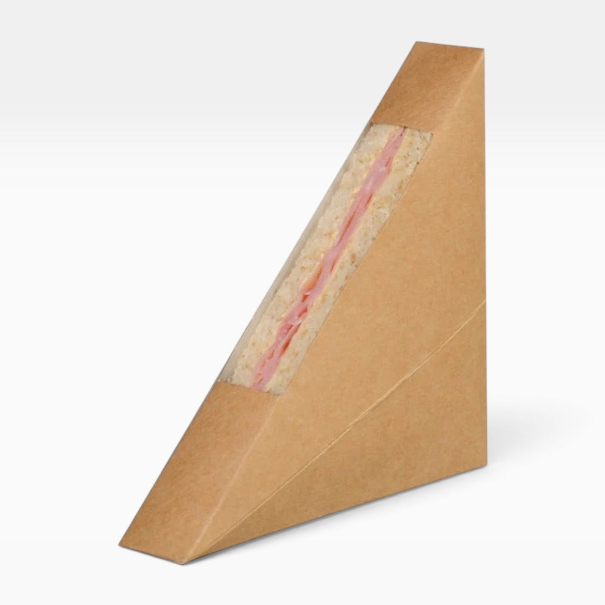 Envase triangular para sándwich kraft con ventana. 2.6 x 12.3 x 12.3 cm - 500 uds.