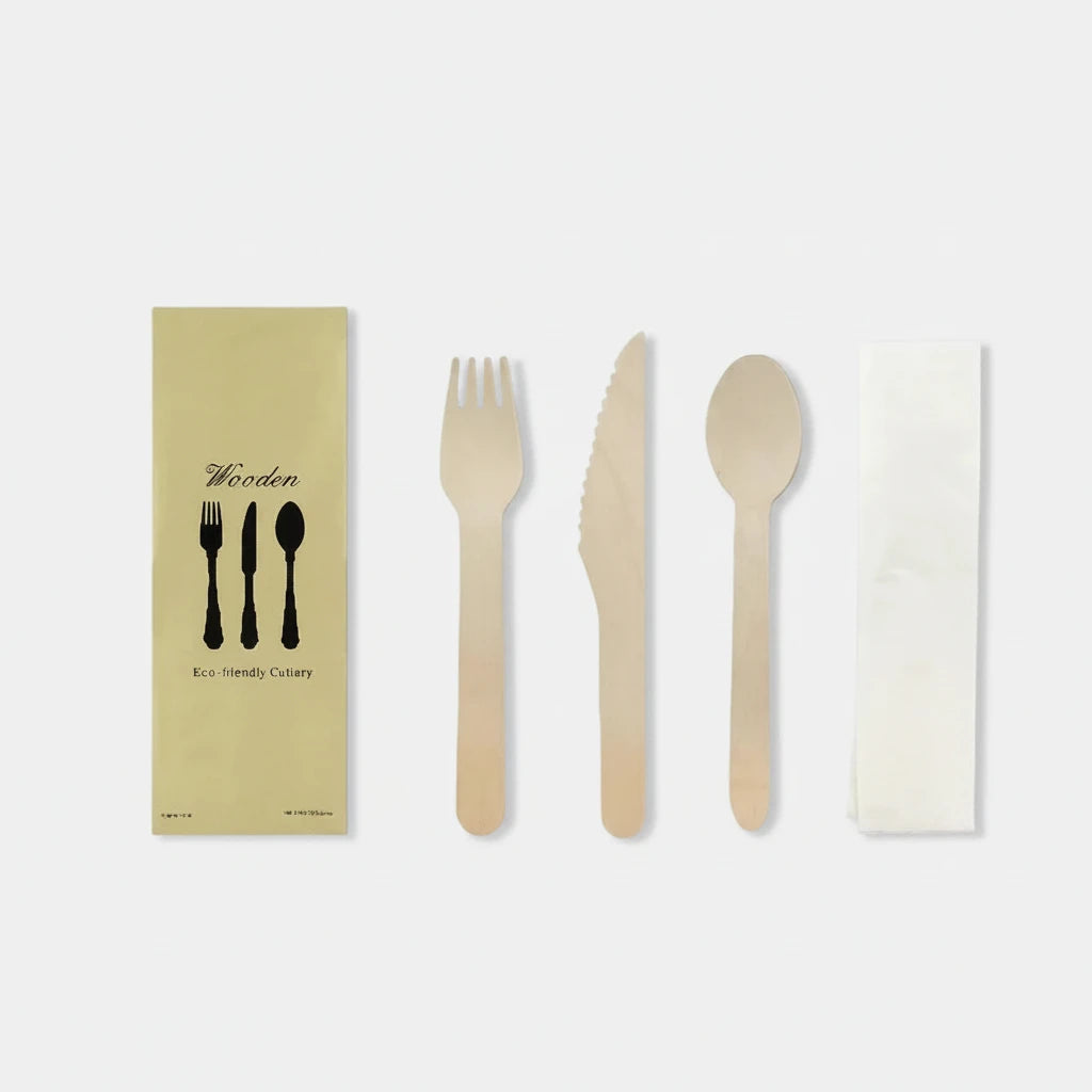 Kit cubiertos de madera 15.5 cm + Servilleta en funda kraft - 250 Uds. - Klimer