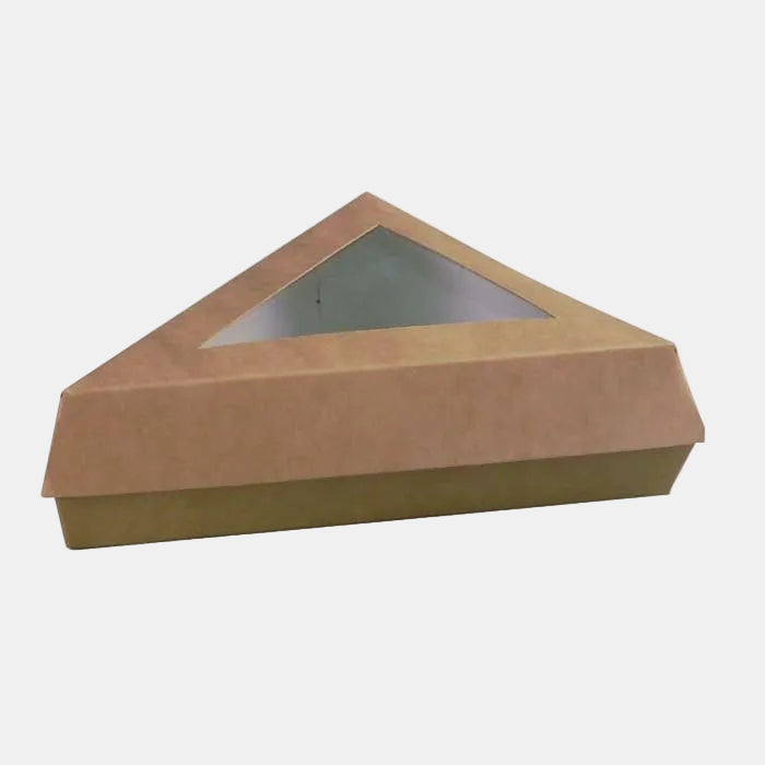 Caja pastelera triangular de cartón kraft con ventana. 15,5 x 13 x 4,5 cm - 200 Uds. - Klimer