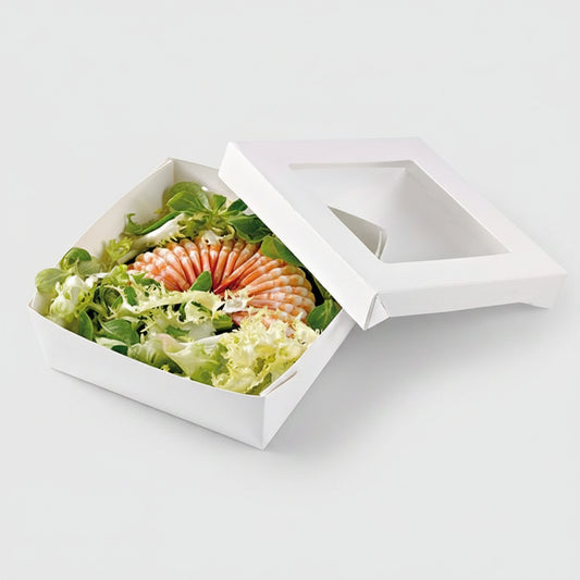 Caja kray blanca con ventana. 12 x 12 x 5 cm. 500 ml - 250 Uds. - Klimer
