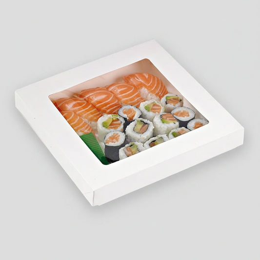 Caja kray blanca con ventana. 18 x 18 x 4 cm. 1000 ml - 200 Uds. - Klimer