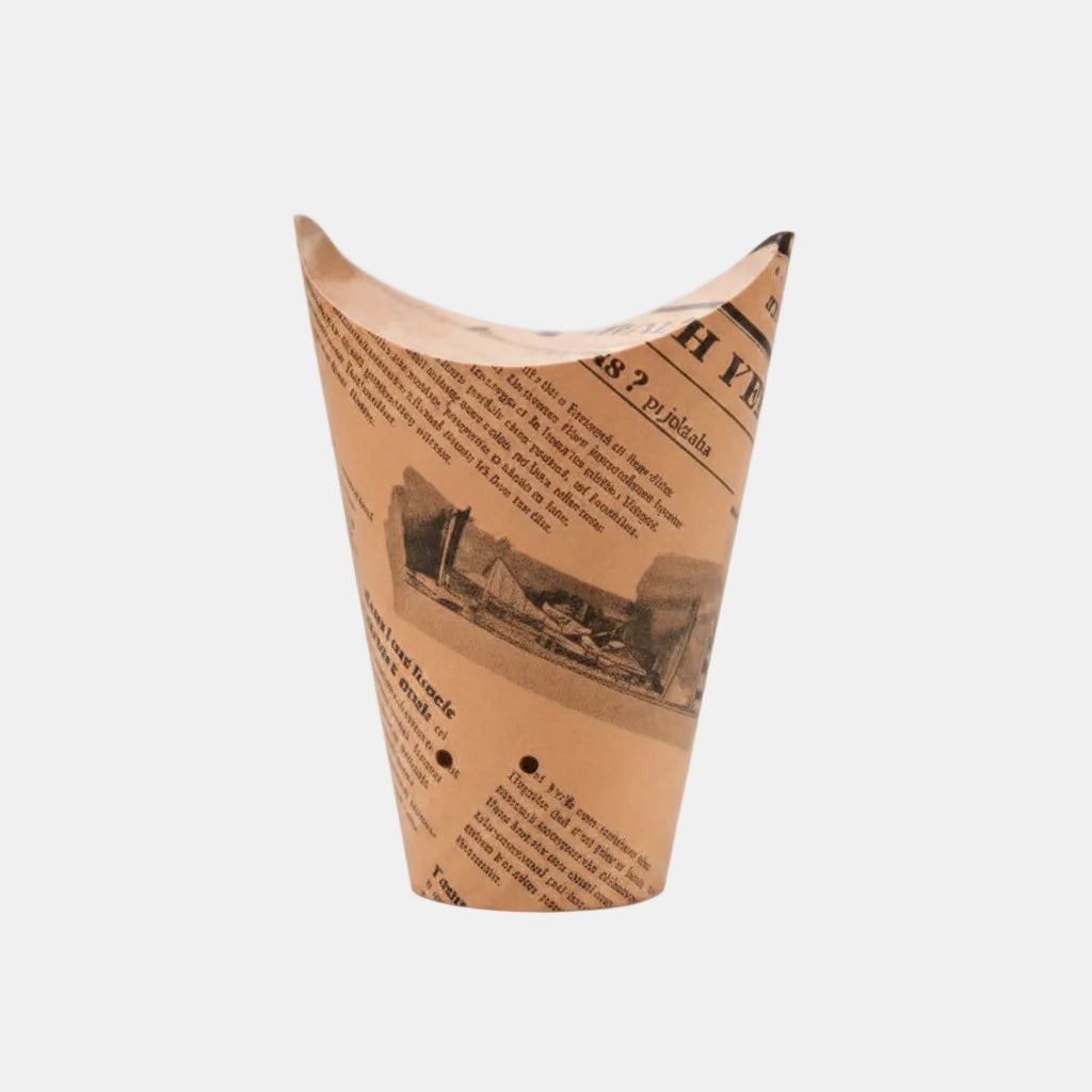 Envase para pastas, tapas y patatas de cartón kraft diseño periódico. ø6 x 10cm 480ml - 1000 Uds. - Klimer
