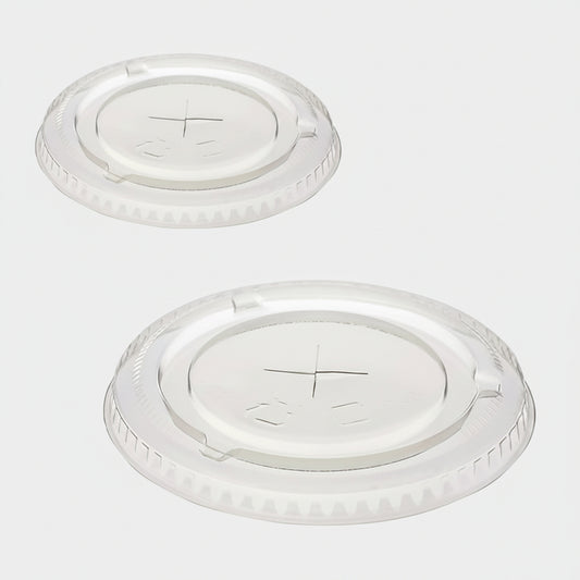 Tapa plana reciclable con cruz para vaso de plástico RPET transparente - 1000 Uds. - Klimer