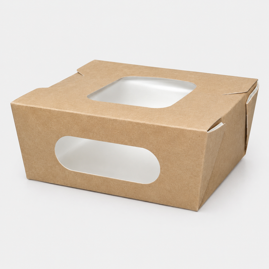 Caja cartón kraft con doble ventana. 11 x 9.5 x 4.5 cm. 450 ml - 100 Ud. - Klimer