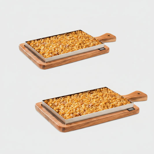 Llauna arroz acero inox + bandeja de madera con mango. 22 x 14 x 2 cm - 6 Uds. - Klimer