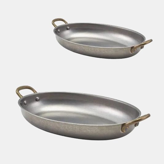 Cazuela oval de acero inox mate con asa de latón vintage. Varias medidas - 6 Uds. - Klimer