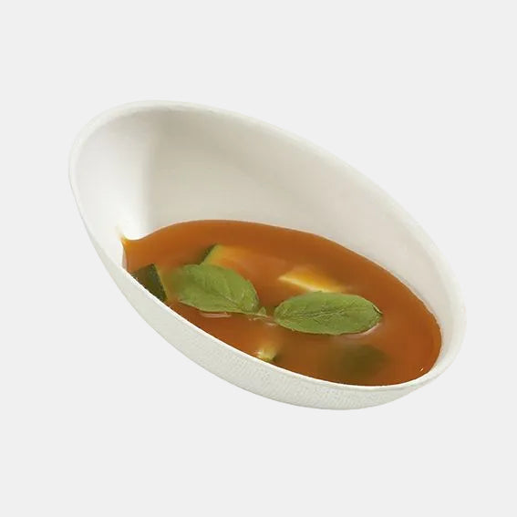 Mini taça oval de polpa de cana-de-açúcar branca. 5 x 7.6 cm - 2000 unidades.
