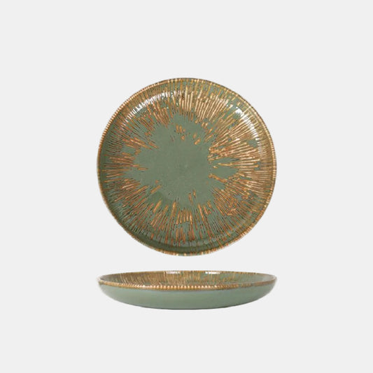 Round green porcelain serving dish Hygge "Baroque II" 32 x 5.5 cm (6 units).