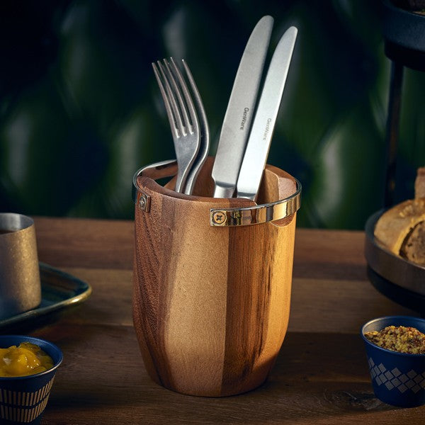 Cesto para talheres em acácia com pega de metal. ø10 x 13 cm - 1 Unid.