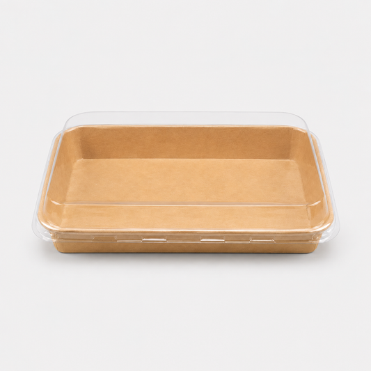Bandeja kraft con tapa para sushi. 22.1 x 13.8 x 2.4 cm - 300 uds