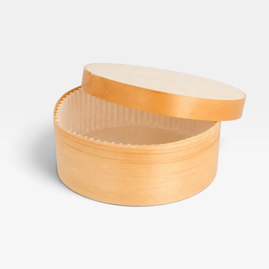 Caja de madera horneable para tarta de queso con tapa. ø8 x 4.2 cm. 100 ml - 120 Uds.