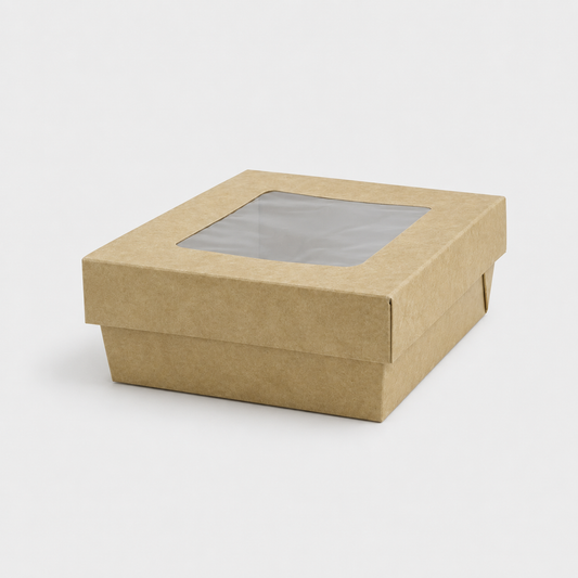 Caja de cartón kraft con ventana. 13.5 x 13.5 x 5 cm. 500 ml - 250 Uds. - Klimer